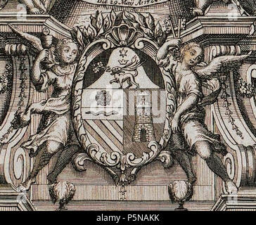 N/A. Wappen des Papsts Benedikt XIII. (Orsini) aus: "Theatrum honoris' zu Ehren der Wahl Papst Benedikts XIII., veranstatlet von Kardinal Christian August von Sachsen-Zeitz in Regensburg, 3. Settembre 1724 Grafik aus dem Klebeband Nr. 15 der Fürstlich Waldeckschen Hofbibliothek Arolsen . 1724. Andreas Geyer 139 Arolsen Klebeband 15 403 Papstwappen Benedikt XIII Foto Stock