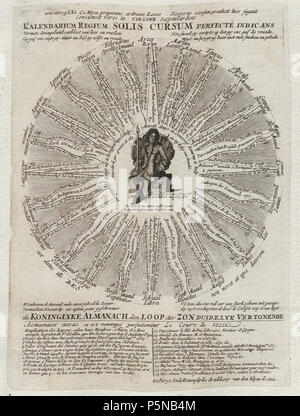N/A. Grafik aus dem Klebeband Nr. 18 der Fürstlich Waldeckschen Hofbibliothek Arolsen Motiv: 'Kalendarium Regium Solis Cursum perfecte indicans' Ludwig XIV. als unheilbringende Sonne, mit Chronogramm 1705 . 1705. Sconosciuto; Editore: Carel Allard 139 Arolsen Klebeband 18 073 Foto Stock