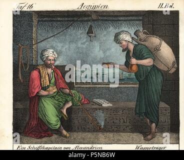 Mare egiziano capitano in turbante e vesti il fumo di tabacco lungo il tubo e un vettore acqua con grandi urn sulla sua schiena e una tazza e il pallone nelle sue mani. Litografia Handcolored da Friedrich Wilhelm Goedsche 'Vollstaendige Völkergallerie in getreuen Abbildungen' (galleria completa dei popoli in vero foto), Meissen, circa 1835-1840. Goedsche (1785-1863) è stato uno scrittore tedesco, libraio e editore di Meissen. Molte delle illustrazioni sono state adattate da Bertuch 'Bilderbuch fur Kinder' e altri. Foto Stock