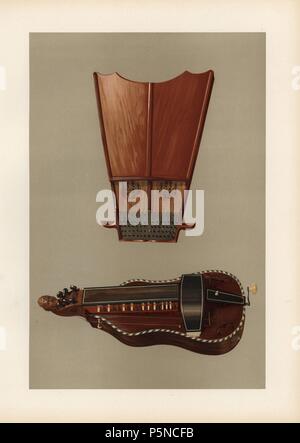 Bell'arpa e organetto di barberia. Chromolithograph da una illustrazione di William Gibb da A.J. Hipkins 'Musical Instruments, storico rari e unici,' Adam e Charles nero, Edimburgo, 1888. Alfred James Hipkins (1826-1903) era un musicologo inglese che specializzato nella storia del pianoforte e altri strumenti. William Gibb era un maestro di Illustrator e chromolithographer ed illustrato "Casa reale di Stuart" (1890), 'navale e trofei militari" (1896), e altri. Foto Stock