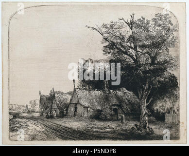 Paesaggio con tre cottage a capanna accanto a una strada 1650. N/A 159 B217 Rembrandt Foto Stock