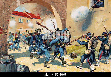 N/A. Inglese: soldati bavarese nella battaglia di Bazeilles (guerra franco-prussiana 1870-1871) Italiano: Soldati bavaresi duranti i cruenti scontri nel villaggio di Bazeilles (battaglia di Sedan, 2 settembre 1870) . 1900. Richard Knötel (1857-1914) Descrizione pittore tedesco, litografo e scrittore Data di nascita e morte 12 Gennaio 1857 26 aprile 1914 Luogo di nascita e morte Glogau, Germania Berlino, Germania sede di lavoro autorità di Oppeln controllo : Q749782 VIAF:5722842 ISNI:0000 0001 1020 4603 ULAN:500076411 LCCN:N80051540 NLA:35227376 WorldCat 179 Bazeilles 2 Foto Stock