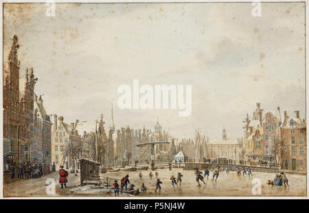 N/A. Nederlands: Beschrijving Rokin 126-20 Wintergezicht. Links tussen de nummers 112 en 110 de ingang van het Spui. In het midden de Langebrug en rechts de ingang van de Langebrugsteeg. Op de achtergrond links het torentje van de Nieuwezijds Kapel, in het midden de koepel van het stadhuis (nu Paleis op de Dam), rechts daarvan de Beurs van Hendrick de Keyser. Op het ijs schaatsenrijders, onder wie enkele jongens uit het Burgerweeshuis, en kinderen incontrato priksleetjes. Links op het Rokin en op de Langebrug arresleden diversificato. Documenttype tekening Vervaardiger Beijer, Jan de (1703-1780) Collectie Foto Stock