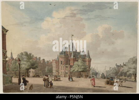 N/A. Nederlands: Beschrijving De Nieuwmarkt met de Waag Gezicht uit de Sint Antoniesbreestraat op de Nieuwmarkt si è riunito in het midden De Waag. Links op de voorgrond de Hoek van het pand Nieuwmarkt 27, op de achtergrond de huizen Nieuwmarkt 24 tot 16, de Bloedstraat, Nieuwmarkt 14 tot 6 en de ingang van de Monnikenstraat. Links achter de huizen de toren van de Oude Kerk. Rechts op de achtergrond de Geldersekade incontrato ophaalbrug 298 en in het verschiet de Schreierstoren. Documenttype tekening Vervaardiger Beijer, Jan de (1703-1780) Collectie Collectie Van Eeghen: tekeningen Datering 1756 Geografische Foto Stock