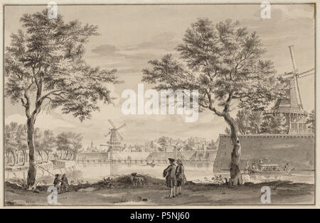 N/A. Nederlands: Beschrijving De Schans bij de Weteringpoort Gezicht van de Singelweg over de Buitensingel op de Schans. Van links naar rechts de brug over de toegang tot de Boerenwetering, de Leidsepoort, het bolwerk Amstelveen met de molen de Molla, huizen op en achter de Schans, de Weteringpoort en het bolwerk Wetering met de molen De Wetering. Documenttype tekening Vervaardiger Beijer, Jan de (1703-1780) Collectie Collectie Van Eeghen: tekeningen Datering 1760 ca. Geografische naam Singelgracht Inventarissen http://archief.amsterdam/archief/10055/109 Afbeeldingsbestand 010055000382 . circ Foto Stock