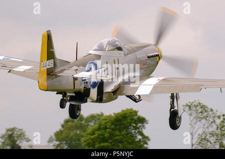 North American P-51D Mustang Janie Seconda Guerra Mondiale aereo da combattimento di Hardwick Warbirds alla loro base di Hardwick Airfield, Norfolk, Regno Unito. Flying Foto Stock