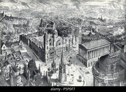 N/A. Inglese: Vista Panoramica di Birmingham nel 1886 da H. W. birraio. Nota: Birmingham City Centre nel 1886 guardando sopra Chamberlain Square con il nuovo Consiglio allargato House e Galleria d'arte (al centro), il Municipio (l'edificio con pilastri sulla destra) e la Chiesa di Cristo tra loro (demolita - ora Victoria Square). Il Chamberlain memoriale che è in fondo al centro. Centro del margine sinistro con un rosone è il Birmingham Scuola dell'arte Dalla stazione di New Street e St Martin in Bull Ring chiesa sono al di sopra del Municipio. Cattedrale di S. Filippo sopra la torre quadrata di th Foto Stock