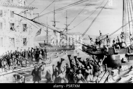 N/A. Deutsch: Vernichtung von Tee in Boston, 1773 Inglese: Boston Tea Party: dai coloni oggetto di pratiche di dumping il britannico il tè nel porto di Boston. Il motivo è che essi sono stati arrabbiato con il governo britannico per tassare le colonie. Mentre i coloni sono state facendo questo si può vedere nella foto che avevano vestito come Mohawk indiani. Español: Motín del té en Boston, 1773 Français : Boston Tea Party: Les colons ont jeté le thé britannique dans le port de Boston. Ils étaient en Colère contre le gouvernement britannique au sujet des tasse sur les colonie. Comme vous pouvez voir sur l'immagine, les colo Foto Stock