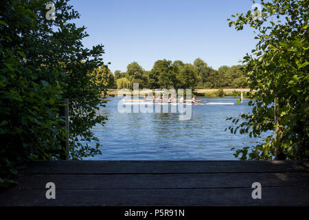 Due squadre di vogatori Racing sul Fiume Tamigi a Henley on Thames in Oxfordshire UK Foto Stock