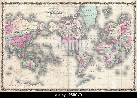 1862 Johnson mappa del mondo sulla proiezione di Mercatore - Geographicus - WorldMerc-johnson-1862. Foto Stock