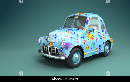 Cartoon auto con stampa fiori. 3D illustrazione Foto Stock