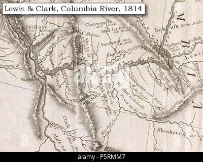 N/A. 1814 Mappa, Lewis e Clark mappa del fiume Columbia (sezione originale). (Clicca per ingrandire) mostra il fiume Deschutes ("a-guerra-na-ha-ooks R.'). Mappa include anche tre dei cinque vulcani di Lewis e Clark ha visto e commentato. Mentre i diari menzionare la spedizione vedendo il Monte Adams, non appare sulla loro mappa. Montare Jefferson è appena visibile a sud (fondo) e Mount Rainier è a nord ma al di fuori della mappa. Dal 'Nicholas Biddle/Paul Allen' 1814 pubblicazione. Mappa originale: "Una mappa di Lewis e Clark via, attraverso la porzione occidentale del Nord America, dal MIS Foto Stock