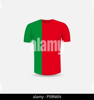 Uomo T-shirt icona e bandiera del Portogallo sfondo.girocollo Jersey sfondo.vista frontale.Luci e ombre mock-up templates.White jersey mock up Illustrazione Vettoriale