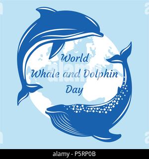 Mondo Whale and Dolphin giorno. 23 luglio. Concetto di vacanza ecologica. Spettacoli di delfini e balene, sagome di continenti. Nome evento Illustrazione Vettoriale