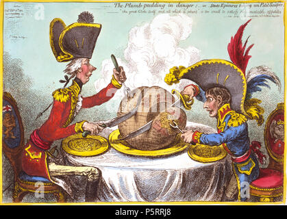 N/A. : ... Js. Gillray, inv. & Fecit. : . . . : . : : . 1805 () 26. (1851 OCLC 59510372) . 240 " - . () 1805". Inglese: Il Plumb-pudding in pericolo o, membro buongustai tenendo onu petit souper ... Js. Gillray, inv. & Fecit. Sommario: William Pitt, che indossa una uniforme del reggimento e hat, seduti a un tavolo con Napoleone. Ciascuna di esse è il carving un grande budino di prugne sulla quale è una mappa del mondo. Pitt's slice è notevolmente maggiore di Napoleone. Media: 1 stampa : incisione, colorate a mano. Creato/pubblicato: Foto Stock