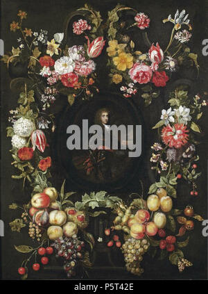 N/A. Inglese: Ritratto di un ufficiale, tre quarti di lunghezza, in armatura, tenendo un comandante il testimone, una costiera battaglia di cavalleria in background, in un cartiglio in pietra circondato da ghirlande di tulipani, rose, garofani, purslane e altri fiori, prugne, uva, le castagne, le nocciole e altra frutta e noci, con una farfalla e dragonfly olio su tela 104,4 x 78,8 cm. Tra il 1635 e il 1666. Catarina Ykens ho 282 Catarina Ykens - garland pittura con ufficiale di cavalleria Foto Stock