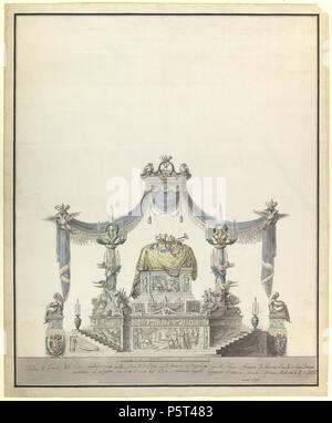N/A. Catafalque dell'imperatrice Caterina la Grande di Russia (elevazione laterale). Vincenzo Brenna (italiano, Firenze 1745-1820 San Pietroburgo) Data: 1796 medie: Penna e di colore grigio-nero inchiostro, spazzola e watecolor, oltre le tracce di grafite o leadpoint Dimensioni: foglio: 28 1/4 x 23 3/8 in. (71,7 x 59,4 cm) classificazioni: Disegni, ornamento e architettura linea di credito: Dono della sig.ra Charles Wrightsman, 1993 Numero di accessione: 1993.1071.1 vista laterale in elevazione del catafalque progettato da Brenna per la sepoltura di Caterina II di Russia e suo marito lo zar Pietro III (morto 1762) tenutasi nel gatto Foto Stock
