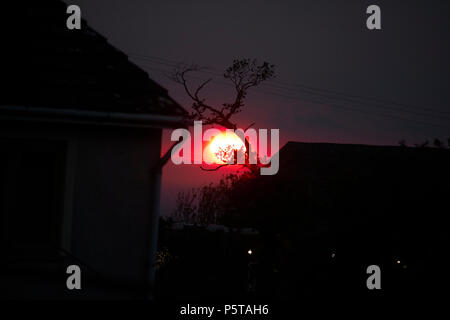 Sun impostazione tra case alberi e linee di alimentazione nel Lake District Cumbria Inghilterra England Regno Unito Foto Stock