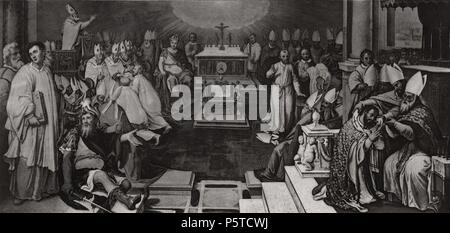 La storia dei Concili ecumenici di Roma. Il primo Concilio di Costantinopoli sotto Papa san Damasio e regno di Teodosio il vecchio 381. Pubblicato a Parigi, incisione, 1869. Foto Stock