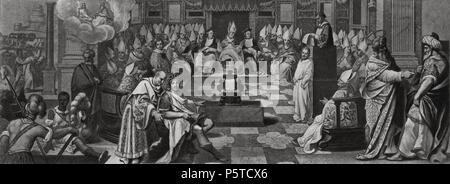 La storia dei Concili ecumenici di Roma. Il primo Concilio di Nicea nel 325, convocata dall'Imperatore Costantino I e ratificato dal Papa San Silvestro I. pubblicato a Parigi, incisione, 1869. Foto Stock