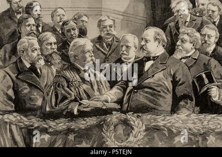 Grover Cleveland (1837-1908). Il presidente degli Stati Uniti. Annuncio del presidente Cleveland. Incisione di Rico in spagnolo e illustrazione americana, 1885. Foto Stock