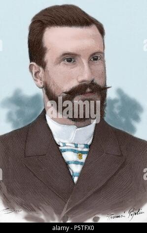 Alfredo Branas Menendez (1859-1900). Scrittore e ideologo del regionalismo Galiziano. Incisione di Thomas Pijoliu in catalano di illustrazione, 1882. Colorati. Foto Stock