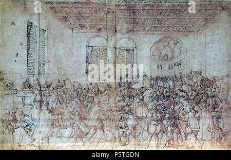 N/A. Deutsch: Festbankett im Stuttgarter Schloss vom 1. Januar 1579, veranstaltet vom Herzog Ludwig anlässlich circuizione Volljährigkeit. An der langen, bildparallel angeordneten Festtafel speisen der Herzog und seine Gemahlin Dorothea Ursula, eine Markgräfin von Baden-Durlach, mit den Ehrengästen, unter denen u.a. der Mömpelgarder Vetter, Graf Friedrich von Württemberg, ein Graf von Gleichen und ein Vertreter der Landschaft namentlich gekennzeichnet sind. (Zeichnung, Feder in Braun, violett laviert, 31,9*48,6 cm) . circa 1600. Creatore:Christoph Friedel 288 Ch Friedel - Festbankett im Stuttgarter Foto Stock