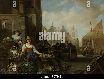 De groentemarkt . Nederlands: De groentemarkt. Twee vrouwen en een uomo achter een kraam waar fruit en groente te koop wordt aangeboden. Een jonge vrouw met een arato houdt een kalebas in haar uitgestrekte mano. Tot de waar behoren: kolen, wortels, rapen en knollen, artisjokken, kalebassen, bieten en pompoenen. Rechts ligt een kruiwagen, op de achtergrond marktbezoekers, het zeil van een schip en gevels van huizen aan een gracht. Inglese: il mercato ortofrutticolo. Due donne e un uomo in piedi dietro una bancarella per la vendita di frutta e verdura offerte in vendita. Una giovane donna con cappello detiene una zucca nel suo Foto Stock