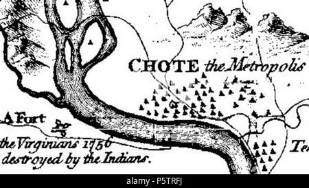 N/A. Dettaglio di Henry Timberlake's 1765 'Draught del Cherokee Paese", che mostra la posizione e il layout del Cherokee città di Chota. Il sito di Chota è ora sommerso sotto Tellico lago nella Contea di Monroe, Tennessee, nel sud-est degli Stati Uniti. Il 'Virginia Fort", costruito nel 1756 ma mai presidiate, è a sinistra in basso. Tanasi ('Tennessee') è in basso a destra, separati dal flusso. 1765. Henry Timberlake 342 Chota-timberlake-detail1 Foto Stock