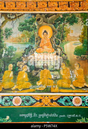 Buddista murali dipinti a di propriet intellettuale di tempio di montagna in Cambogia che mostrano scene della vita di Buddha Siddhartha Foto Stock