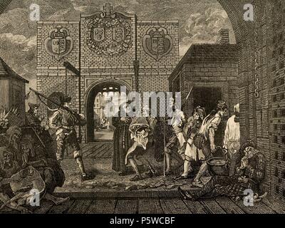 William Hogarth (1697-1764). Artista britannico, incisore, Illustrator e satirico di pittore. Il cancello di Calais. Attacco mediante Hogarth. Incisione. L'iberico illustrazione, 1888. Foto Stock