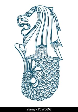 Singapore Merlion. Leone Marino Statua fontana icona illustrazione vettoriale, asian singapores simbolo di business Illustrazione Vettoriale
