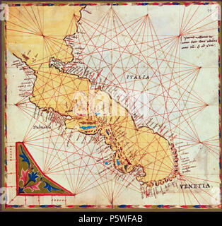 N/A. Inglese: Mappa del Mare Adriatico, dal decimo foglio del 1318 atlas del cartografo genovese Pietro Vesconte, detenute (MS 594) dall'Österreichische Nationalbibliothek di Vienna in Austria . 1318. Pietro Vesconte 63 mappa Adriatico in Vesconte 1318 Atlas Foto Stock