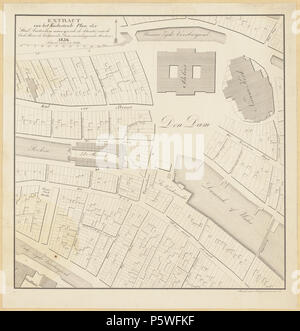 N/A. Nederlands: Estratto Beschrijving van het Kadastrale Plan der Stad Amsterdam aanwijzende de situatie van de Oude Beurs de Vischmarkt, Dam en omliggende Straten Kadastraal plan van Amsterdam op schaal 1:1.250, met een weergave van de situatie van de Dam en de Vismarkt, het Rokin met de Oude Beurs van Hendrick de Keyser, het Damrak en omliggende straten. Porta Gedrukt Desguerrois en Co. Oriëntatie: west boven. Documenttype kaart Vervaardiger Desguerrois en Co Collectie Collectie Atlas Kok Datering 1836 Geografische naam Dam Rokin Vismarkt Damrak Inventarissen http://archief.amsterdam/archief Foto Stock