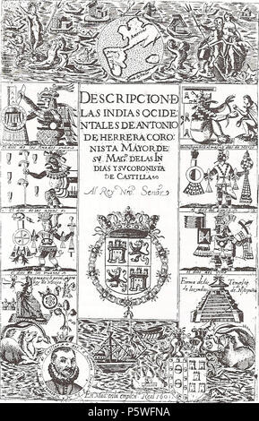 N/A. Español: Portada de la 'Descripción de las Indias Occidentales', de Antonio de Herrera y Tordesillas, 1601. Contiene el único retrato que existe del cronista. 1601. Sconosciuto 438 Descripcion Foto Stock