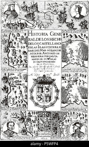 N/A. Español: Portada de la primera Década de Antonio de Herrera y Tordesillas. 1601. Sconosciuto 431 Decada1Herrera Foto Stock