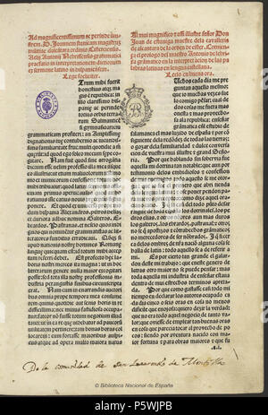 N/A. Español: [Dictionarium latino-hispanicum] Dictionarium latino-hipanicum [Texto impreso]. - Salamanca : [Tip. Nebrissensis: "Gramática"(Haeb. 470)], 1492. - H. ; Fo l. Segnatura Inc/1778(1) . 1492. Nebrija, Antonio de (1444-1522) 447 Dictionarium latino hispanicum Nebrija 1492 Foto Stock