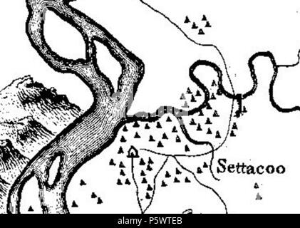 N/A. Dettaglio di Henry Timberlake's 1765 'Draught del Cherokee Paese", che mostra la posizione e il layout del Cherokee città di Citico (scritto 'Settacoo'). Il sito Citico è ora sommerso sotto Tellico lago nel moderno-giorno contea di Monroe, Tennessee, nel sud-est degli Stati Uniti. 1765. Henry Timberlake 350 Citico-timberlake-detail1 Foto Stock