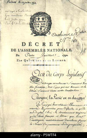 N/A. : 11 1792, '!' Inglese: dichiarazione dell'Assemblea nazionale francese il 11 luglio 1792 in risposta alla Prussia di giunzione monarchia asburgica contro la Francia. 1792. Sconosciuto 350 Citoyens, la Patrie est en pericolo Foto Stock