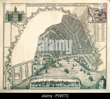 N/A. Nederlands: Beschrijving Amstelodamum celebre emporium forma plana Kaart van Amsterdam met een ingevulde derde uitleg en de bastioni van de vierde uitleg. Het gebied binnen de bastioni van de vierde uitleg bleef echter su leeg. Schaal 1:7.250. Porta Waarschijnlijk Nicolaes Visscher di Joan Blaeu in opdracht van het stadsbestuur vervaardigd. Hiermee zou het stadsbesuur zelf varianten op de invulling kunnen tekenen. Het è de definitieve versie van de koperplaat. Nel 2011 werd de koperplaat van deze kaart (Bijzondere Collecties, Universiteit di Amsterdam) teruggevonden waarop de vierde uitleg niet Foto Stock