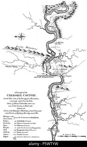 N/A. Inglese: Lt. Henry Timberlake's 'Draught del Cherokee Paese", che illustra le posizioni dei diversi Overhill Cherokee città dopo la fine della guerra Anglo-Cherokee, presi da: Timberlake, tenente di vascello Enrico. Le memorie del tenente Henry Timberlake (che ha accompagnato i tre indiani Cherokee in Inghilterra nell'anno 1762) contenente… 1765, ripubblicato come "tenente Henry Timberlake le memorie, 1756-1765" di Samuel Cole Williams, ed. Johnson City, TN, 1927 . 1765. Henry Timberlake 470 Progetto del paese Cherokee Foto Stock