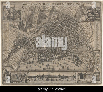 N/A. Nederlands: Beschrijving Amstelodamum Celebre Emporium Forma Plana Kaart van Amsterdam. 2e uitgave. Schaal ca. 1:7.250. Porta Uitgegeven Claes Jansz Visscher. Voor een 1e uitgave van deze kaart zie SAA, collectie Kok: 10094/20. Van dat exemplaar werden de vier hoeken echter su weggesneden. Aan de 2e uitgave werd ten opzichte van de 1e uitgave de geplande stadswal van de vierde uitleg toegevoegd. Het Realeneiland werd in westelijke richting verlengd. Orientatie: zuidzuidwest boven. Documenttype kaart Vervaardiger Visscher, Claes Jansz (1587-1652) Collectie Collectie Stadsarchief Amsterdam: kaa Foto Stock