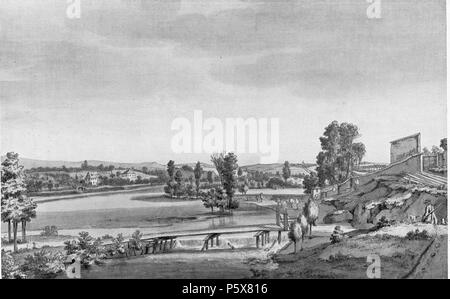 Deutsch: Die Floßbrücke mit Goethes Gartenhaus vor der Parkgestaltung . Deutsch: Die Floßbrücke mit Goethes Gartenhaus vor der Parkgestaltung. Das schöne Blatt zeigt den Ilmwiesenbezirkum das Gartenhaus Vor den Anfängen der Parkgestaltung im ursprünglichen Zustand. Mit der Umformung des linken Ilmufers begann Goethe im Frühjahr 1778, das Luisenfest im Juli des Jahres brachte die Umgestaltung der hier sichtbaren Schießmauer mit dem Pulverhaus in eine Einsidelei mit Kaspelle zu Ehren der Herzogin Luise. Dieses 'Luisenfest' hatte weitere Weg- und Wiesengestaltung zur Folge, die der kurz vorherge Foto Stock