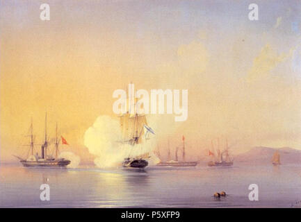 N/A. Una battaglia navale durante la Guerra di Crimea . 1854. Alexey Bogolyubov (1824-1896) nomi alternativi descrizione pittore russo la pittura di paesaggio Data di nascita e morte 16 marzo 1824 (nel calendario giuliano) 27 ottobre 1896 Luogo di nascita e morte Pomerania (paese) Paris posizione di lavoro a San Pietroburgo e a Mosca, Parigi competente controllo : Q372277 VIAF:27880926 ISNI:0000 0000 8107 3543 ULAN:500080889 LCCN:N80046444 GND:11940723X WorldCat 371 combattere de Pitsunda Foto Stock