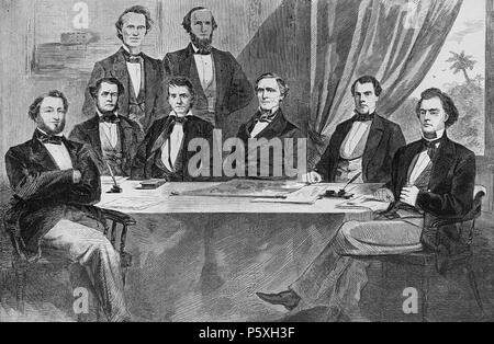 N/A. Inglese: il cabinet degli Stati Confederati a Montgomery / da fotografie di Whitehurst, di Washington e Hinton, di Montgomery, Alabama. Ritratto di gruppo del cabinet confederato incluso il presidente Jefferson Davis, Vice Presidente Alexander Hamilton Stephens, Procuratore Generale di Giuda P. Beniamino, segretario della Marina Stephen M. Mallory, Segretario del Tesoro C. G. Memminger, Segretario della guerra Leroy Papa Walker, Postmaster John H. Reagan e segretario di Stato Robert Toombs, seduti e in piedi intorno al tavolo. Illus. in: Harper's settimanale, v. 5, n. 231 (1861 giugno 1), p. 340.. Arpa Foto Stock