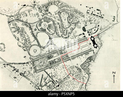 N/A. Svenska: Piano över Drottningholms Slott och park, röd linje utsträckningen markerar av skyddsobjekt slottets. 1600-tal, 1700-tal, 1800-tal. Nicodemus Tessin d.ä., Nicodemus Tessin d.y., Fredrik Magnus Piper och senare uppdateringar 481 Drottningholms Slott och park orienteringsplan Foto Stock