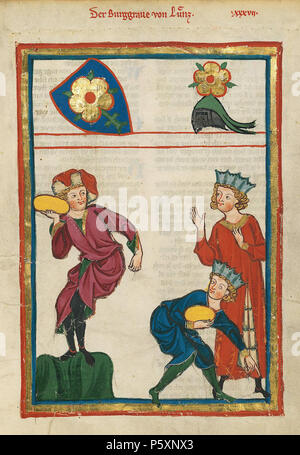 N/A. Deutsch: Codex Manesse, UB Heidelberg, Cod. Pal. germe. 848, fol. 115r: Burggraf von Lienz, beim sportlichen Steinstoßen . tra 1305 e 1315. Meister des Codex Manesse (Grundstockmaler) Descrizione pittore tedesco periodo di lavoro c. 1305-1340 () 363 Codex Manesse Burggraf von Lienz Foto Stock