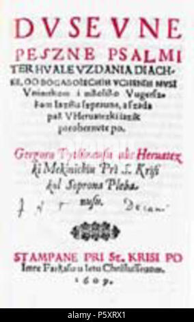 N/A. Inglese: Grgur Mekini: Dusevne Peszne (Hmyn spettrale) burgenland croato inno protestante-libro. Stampato in Keresztúr, Ungheria (ora Deutschkreutz, Austria) Farkas Imre, 1609. Magyar: Grgur Mekini: Dusevne Peszne (Magyarországi - ma burgenlandi - horvátok protestáns énekeskönyve. Nyomtatta: Farkas Imre, Keresztúr (ma Deutschkreutz, Ausztria), 1609. 1609. Grgur Mekini 487 Dusevne Peszne Foto Stock