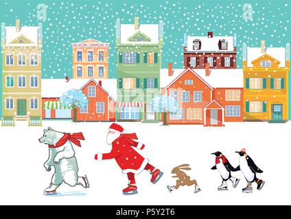 Babbo Natale con orso polare, pinguino e bunny pattinaggio, illustrazione Illustrazione Vettoriale