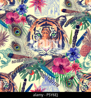Seamless acquerello patten con teste di tigre, foglie, fiori, piume. Foto Stock